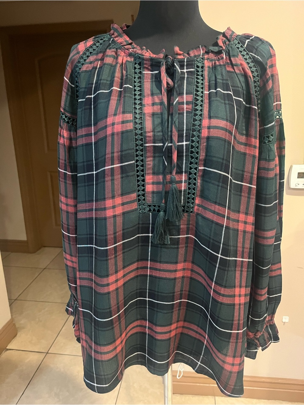 Plaid Peasant Blouse with Tassel Tie - Red/Green